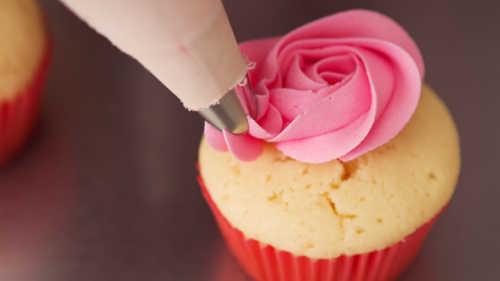 Close up pink rose frosted cupcake being piped Horizontal