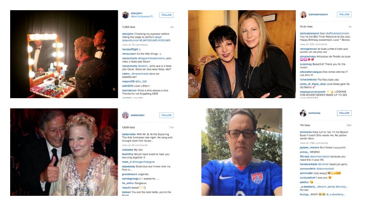 Celebrities Elton John, Liza Minnelli and Barbra Streisand, Tony Bennett and Bette Midler, and Tom Hanks all using Instagram. 