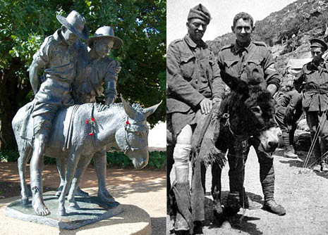 John Simpson Kirkpatrick (right in each photo) assisting injured soldiers. (Statue in Canberra, and in Gallipoli)