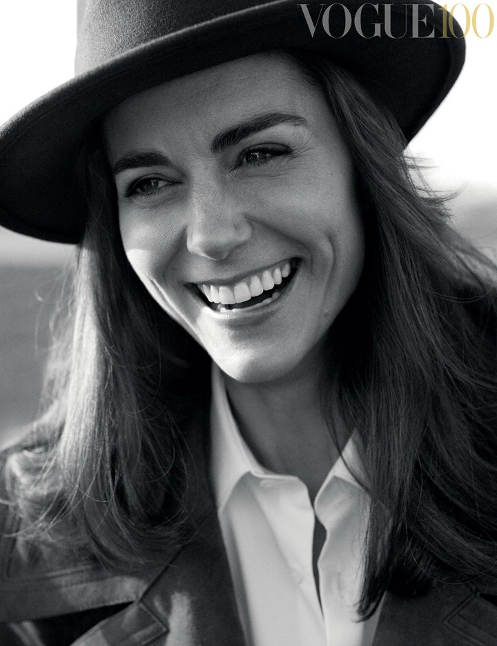 A black and white image shows the smiling Duchess. Image: British Vogue.