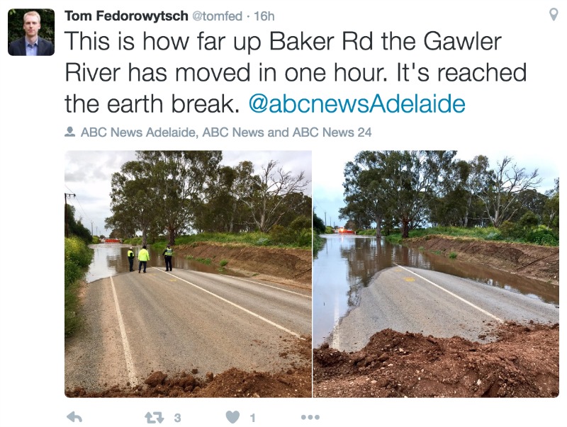 The flood waters rose quickly in Gawler. Image: twitter.com/tomfed