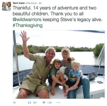 It's been years since Steve passed away, clearly Terri's love for her late husband is still strong. Photo: Twitter/@Terri Irwin.