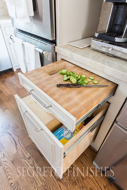 Put a cutting board on your drawer for extra counter space. Photo via Pinterest.