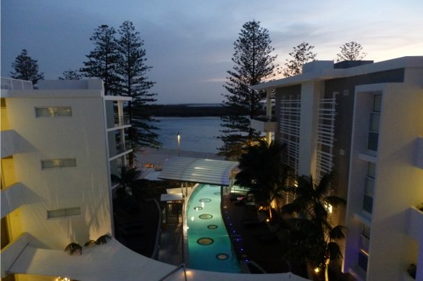 Overlooking the lap pool with views towards Pumicestone Passage at night. Photo courtesy Jeni Robinson.