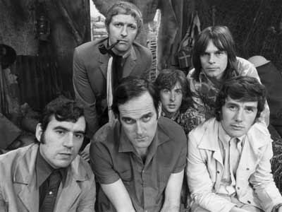 The Monty Python. Back row: Graham Chapman, Eric Idle, Terry Gilliam Front row: Terry Jones, John Cleese, Michael Palin. Photo via Wikipedia.