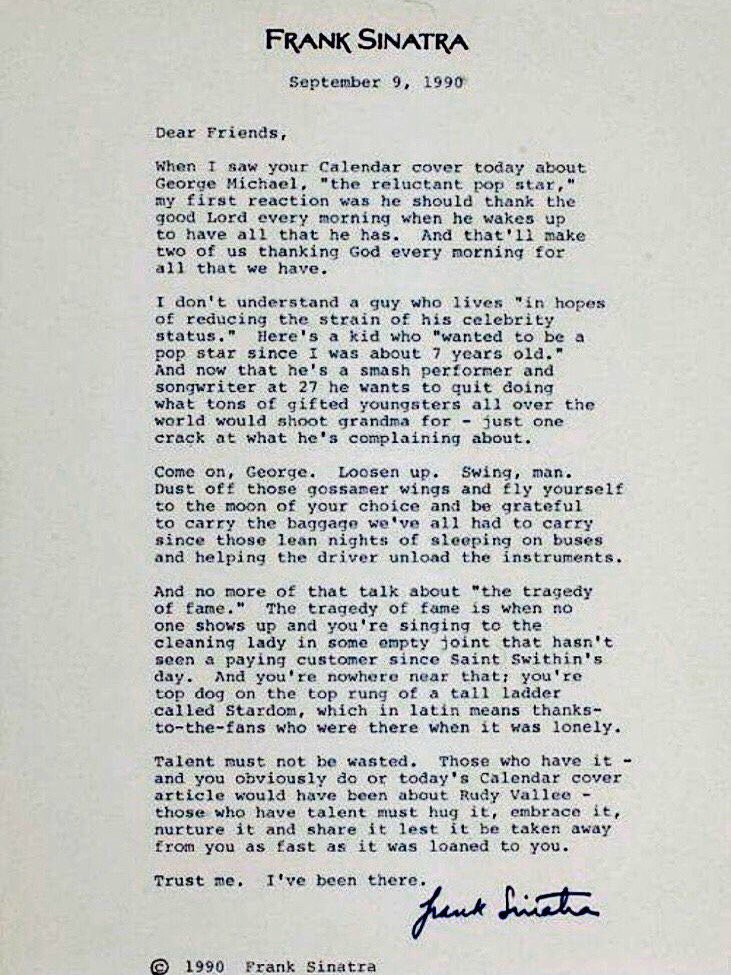 Frank Sinatra's letter to George Michael has resurfaced in the wake of Michael's death. Souce: Twitter/@LettersOfNote.