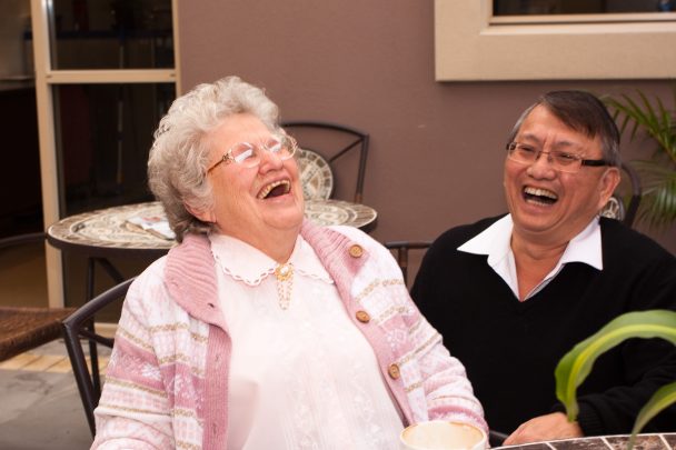 Choe Lam Tan has a laugh with one of the residents at Jeta Gardens.