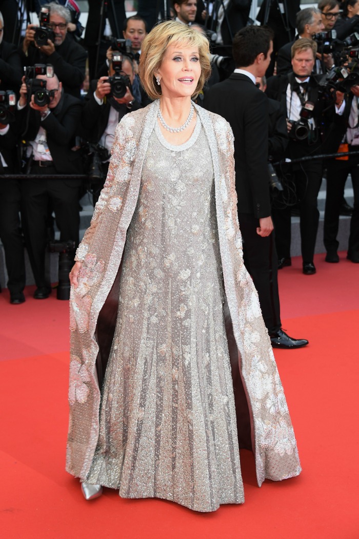 Another outfit saw Jane Fonda opt for grey with a floral cape. Source: Getty.