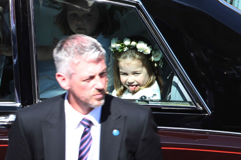 The young royal cheekily stuck out her tongue as she pulled up to the church. Source: Getty 