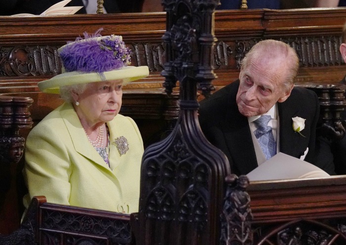 Prince Philip was spotted sat beside the Queen throughout the royal wedding. Source: Getty.