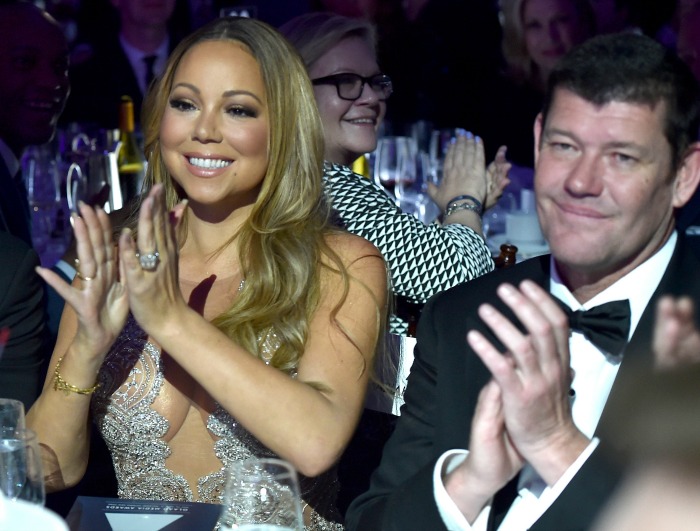 Mariah Carey flashes her huge engagement ring. Source: Getty.