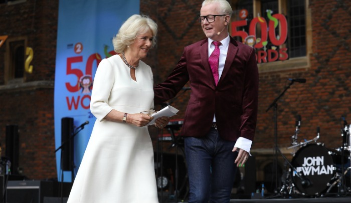 Camilla, the Duchess of Cornwall, was welcomed on stage by TV host Chris Evans at Hampton Court Palace. Source: Getty