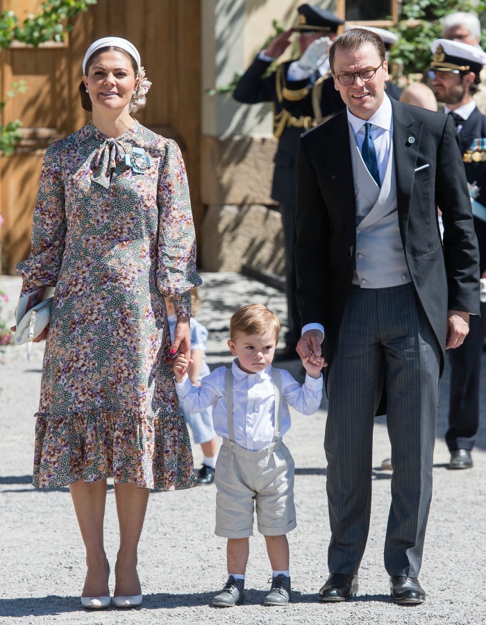 Crown Princess Victoria with husband Daniel and son Oscar posed for photographs outside the Drottningholm Palace Chapel. Source: Getty