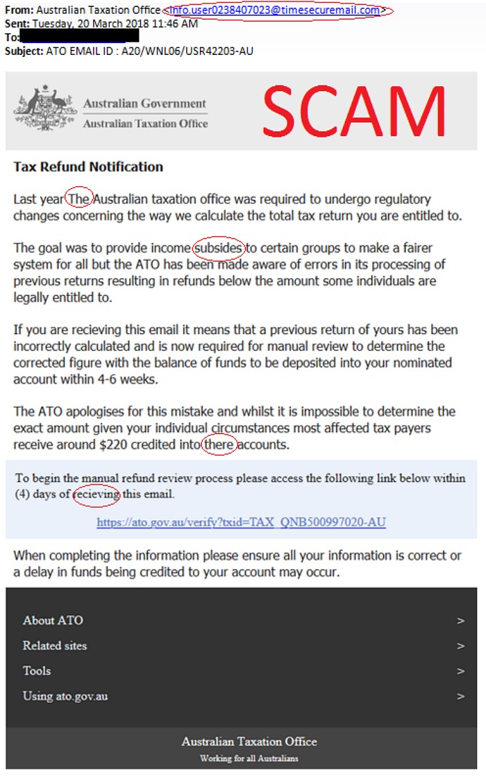 This photo shows an example of a scam email claiming to be from the ATO