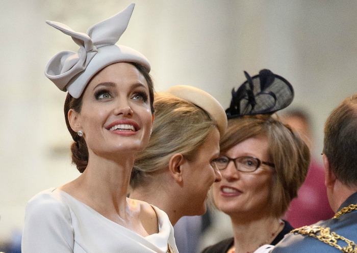 Angelina Jolie looked elegant with minimal make-up and an ivory fascinator. Source: Getty.