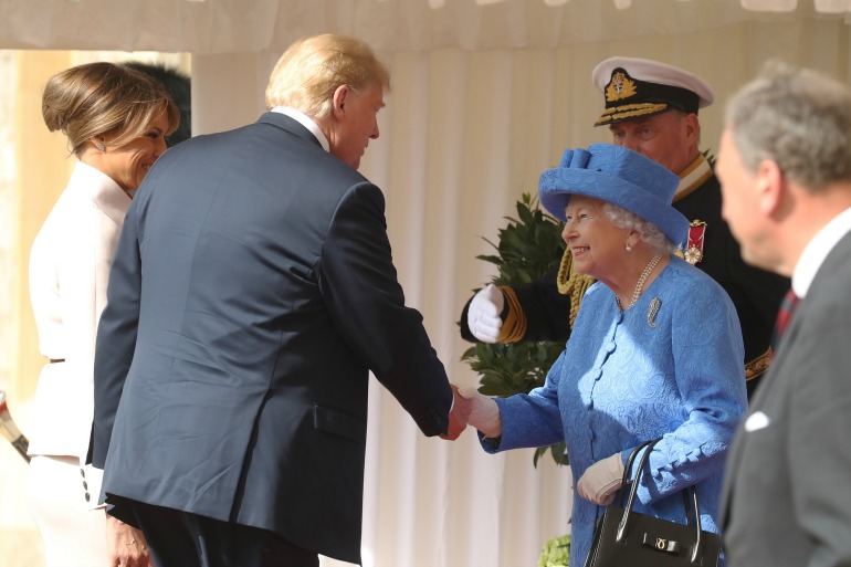 Trump and Melania greeting the Queen. Source: Getty