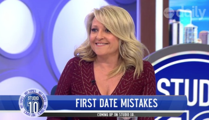 Angela Bishop has a very awkward first date. Source: Channel 10/Studio 10.