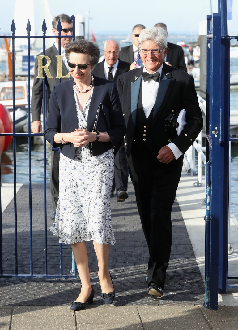 Princess Anne stepped out in a printed navy-and-white frock as she attended the Royal London Yacht Club Champagne Party on Monday night. Source: Getty