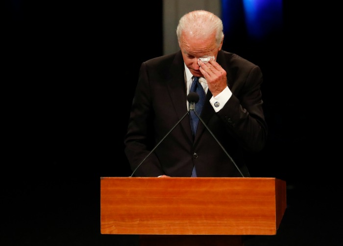 Former U.S. Vice President Joe Biden wipes a tear while giving a tribute during memorial service at North Phoenix Baptist Church for Sen. John McCain.
