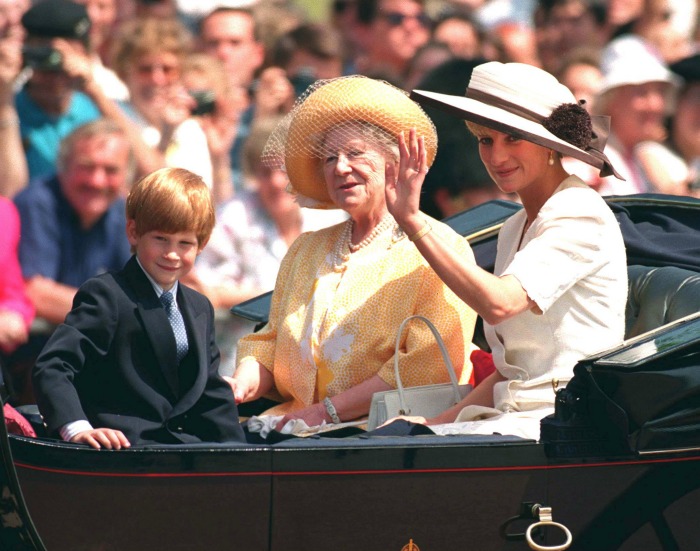 Harry, pictured here at the Trooping of the Colour in 1992 with Diana and the Queen Mother, has grown up in front of the world. 