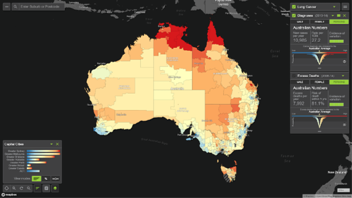 The map uses colour coding to give people an easy to understand look at cancer nationally, by state or suburb.