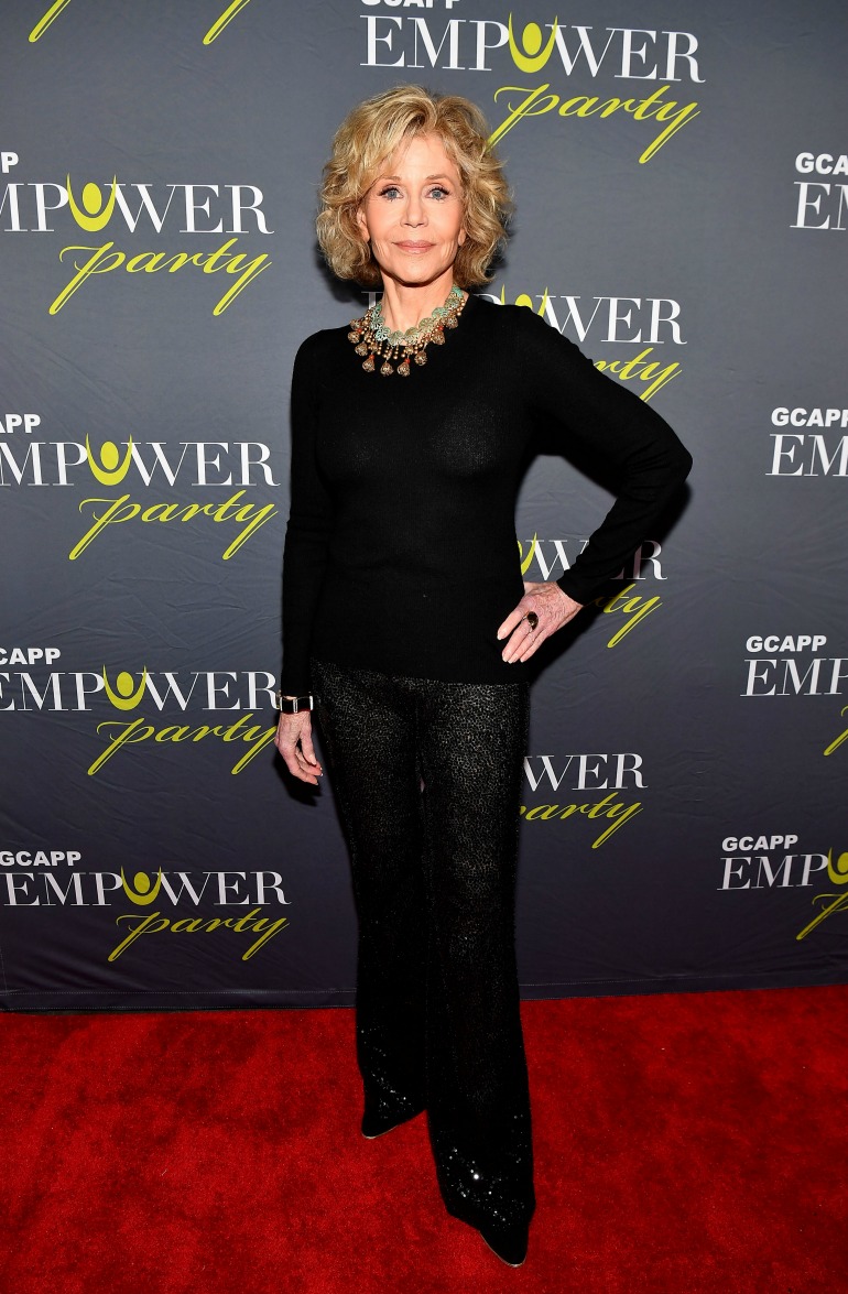 Jane Fonda opted for a chic all-black outfit for the event, choosing sparkly trousers, matched perfectly with a skin-tight black top. Source: Getty