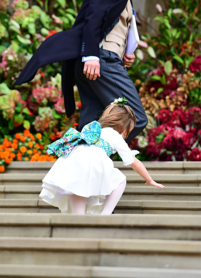 Princess Charlotte took a tumble on the steps of the chapel. Source: Getty.