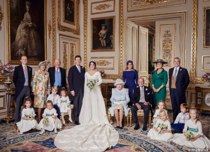 The royal family poses together on Jack and Eugenie's wedding day. 