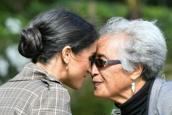 Meghan greeted a Mauri elder with a traditional greeting. Source: Getty.