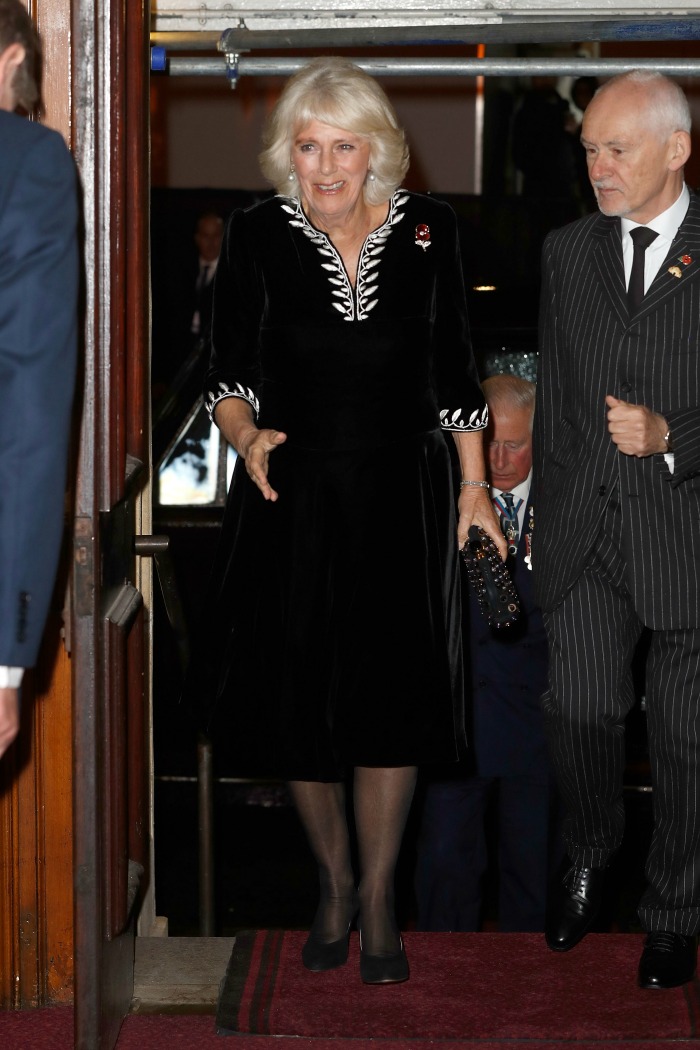 Camilla chose a black dress with white petal details for the event. Source: Getty.