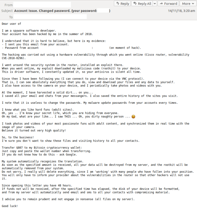 The first variation includes extortion emails informing recipients that their passwords have been hacked. Source: MailGuard