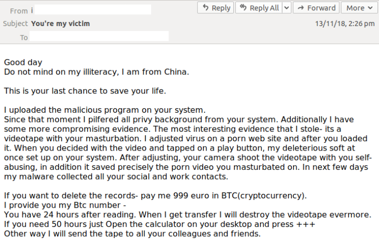 A different variation of the email scam tells victims that the attackers have installed special software on their devices. Source: MailGuard