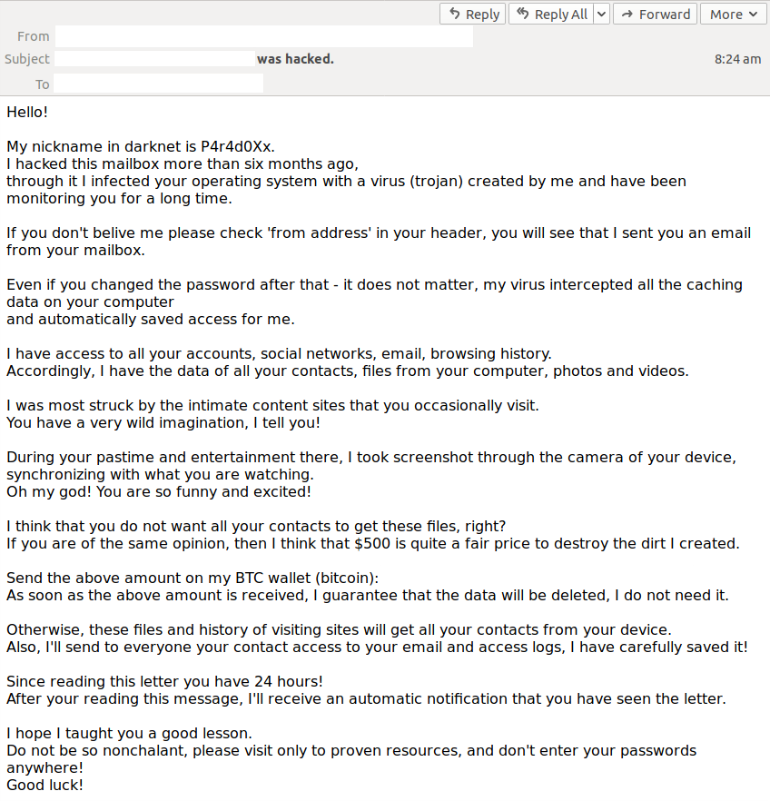 A different variation of the email scam tells victims that a "trojan virus" has been installed on their system. Source: MailGuard