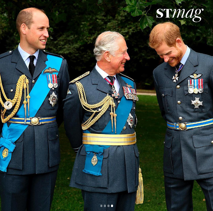 Prince William, Prince Charles and Prince Harry share a laugh as they pose together.