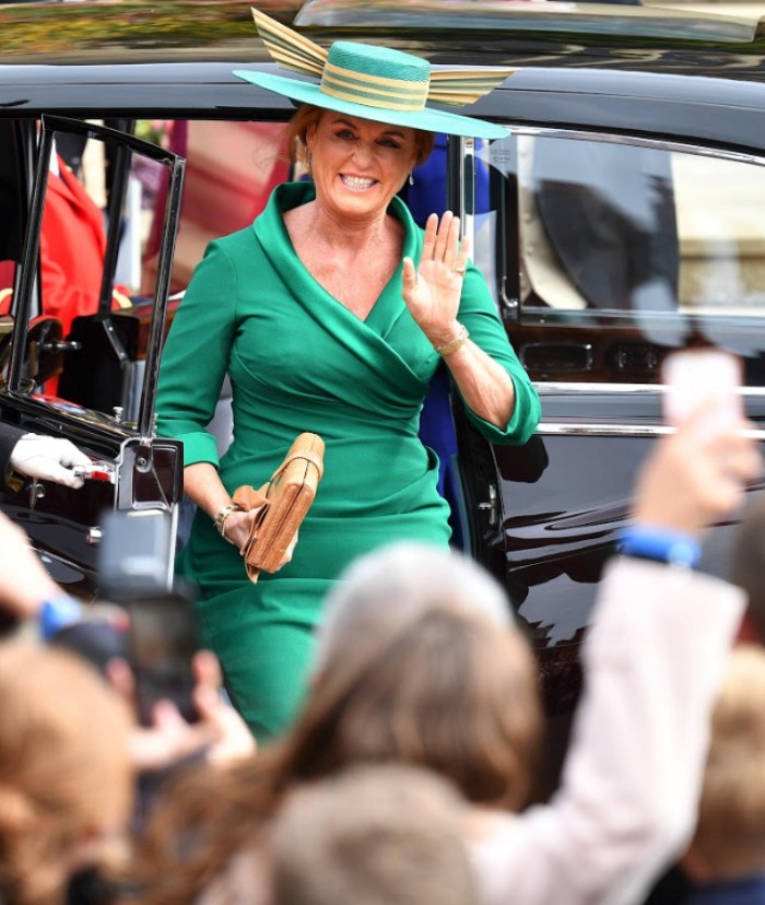 Fergie wore a dramatic hat to her daughter Eugenie's wedding. Source: Getty.