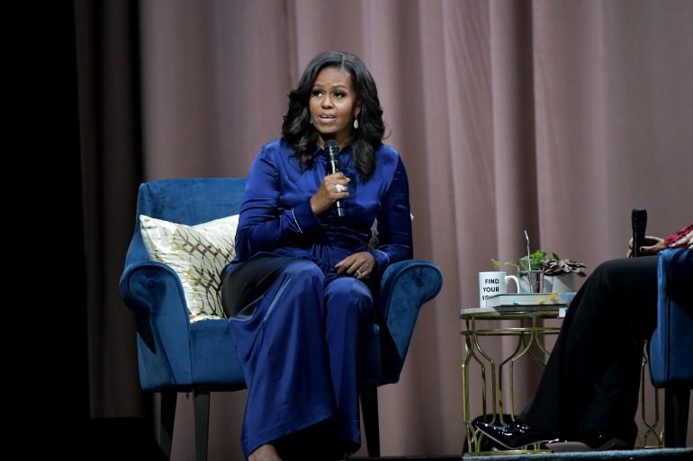 Michelle Obama discussed her new book Becoming with American Journalist Michelle Norris in Boston on Saturday. Source: Getty