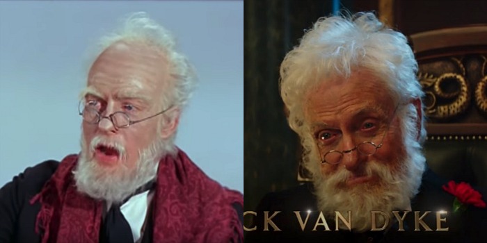 Dick Van Dyke played Mr Dawes in the original. Now he returns as his son. Source: YouTube/freedogshampoo and YouTube/Walt Disney Studios (right).