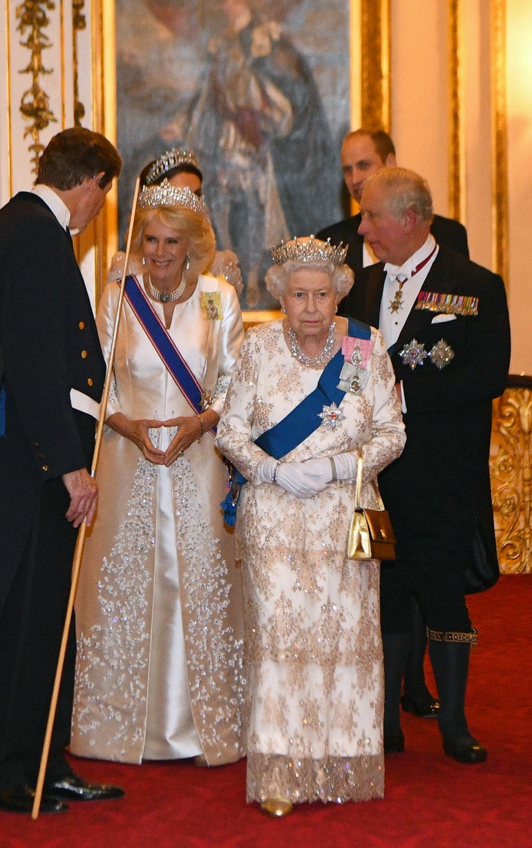 Queen Elizabeth and Camilla both looked incredible in floor-length gowns for the occasion. Source: Getty