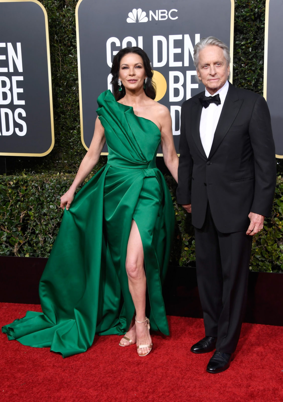 Catherine Zeta-Jones looked gorgeous in emerald green as she posed alongside her husband Michael Douglas. Source: Getty