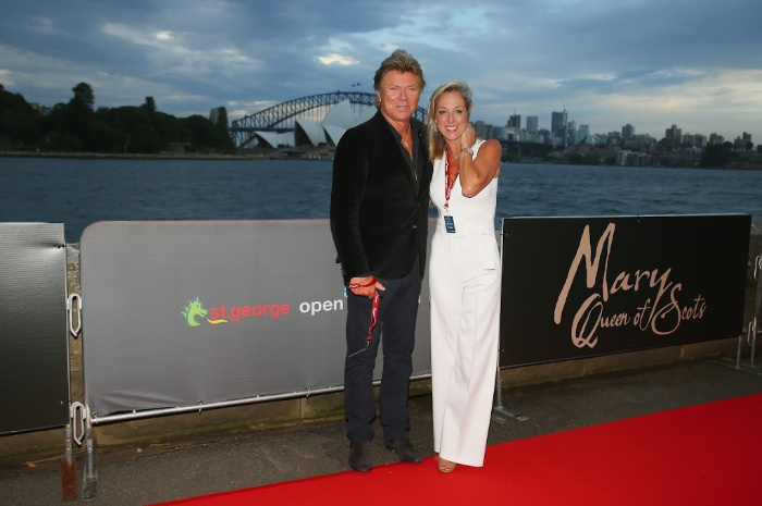 Richard Wilkins and girlfriend Virginia Burmeister step up for the premiere of movie Mary Queen Of Scots in Sydney.