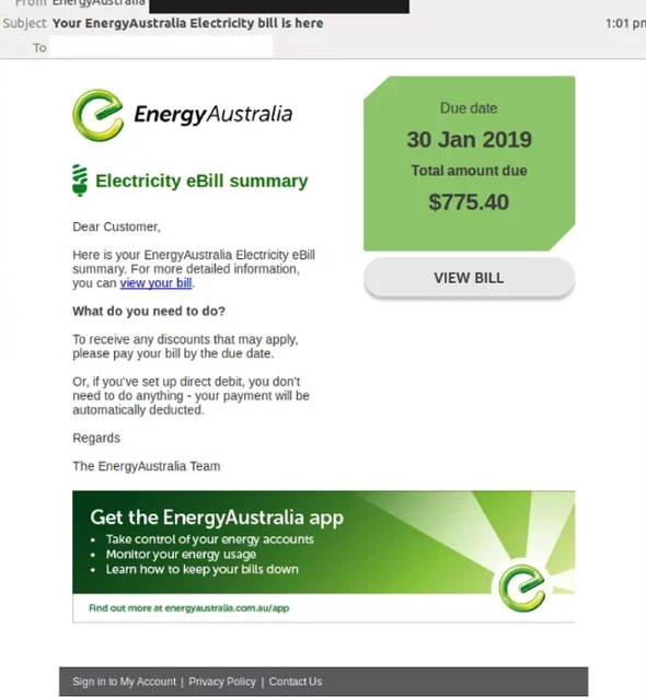 The email looks as though it’s from EnergyAustralia and includes a “view bill” link. Source: MailGuard