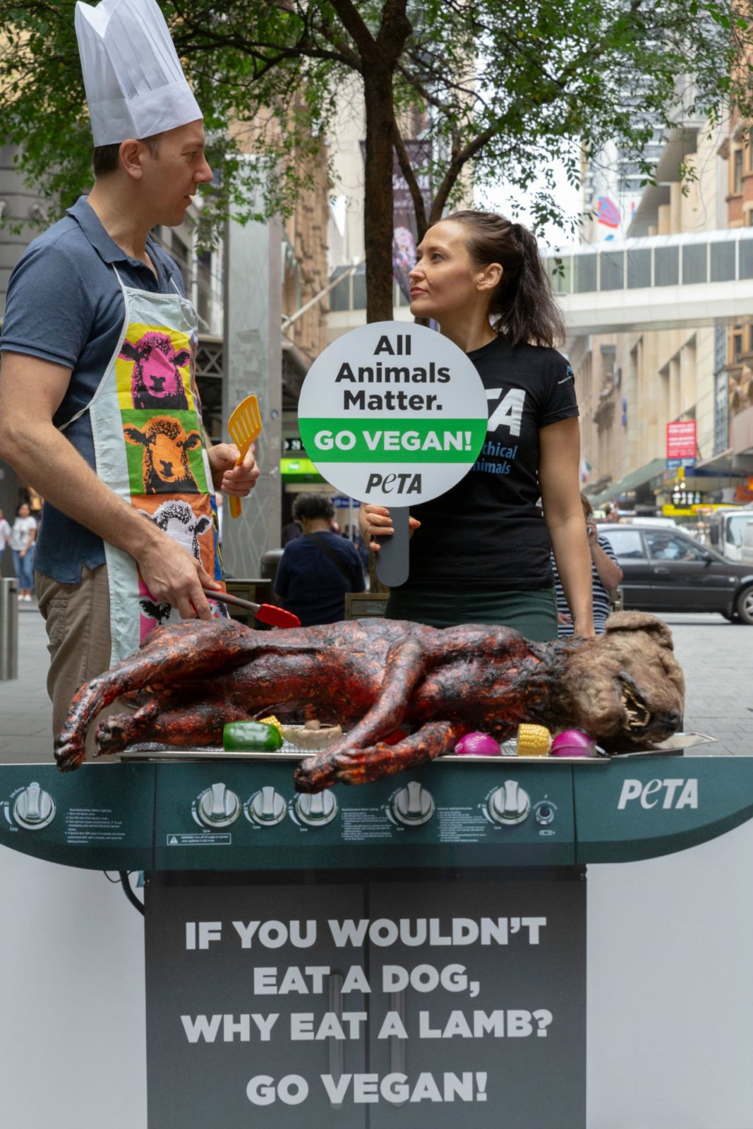 PETA shocked shoppers in Sydney with their latest dead dog barbecue stunt.