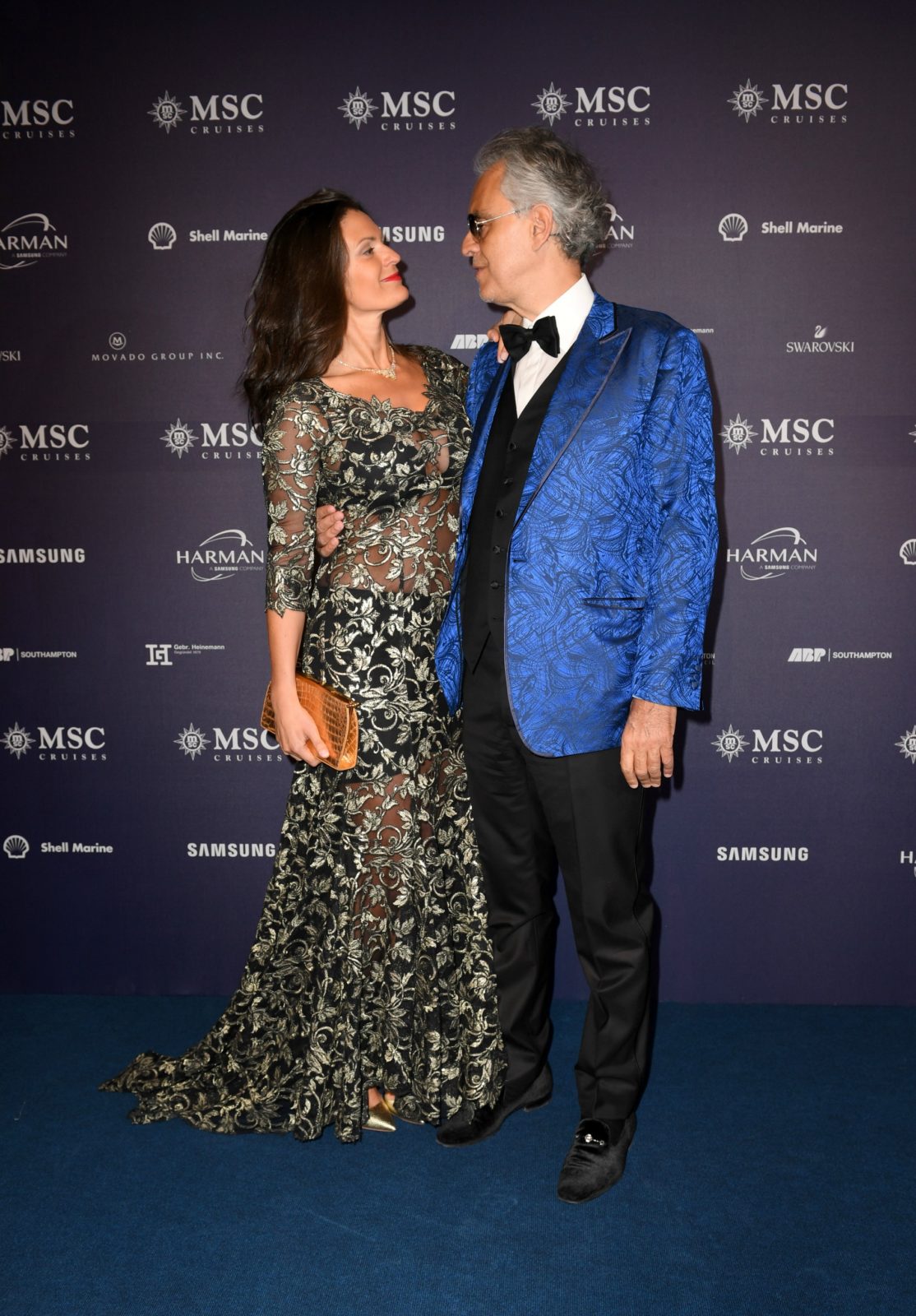 Andrea Bocelli stepped out with wife Veronica Berti to attend the naming ceremony of the MSC Bellissima in Southampton on Saturday night. Source: Getty