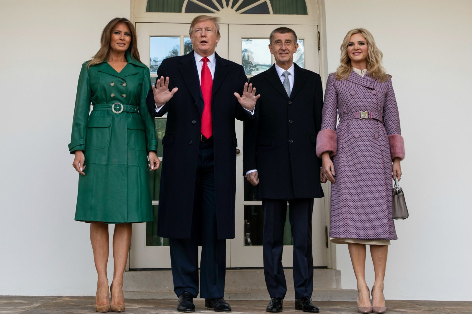 Melania Trump looked stunning in a green leather coat as she met with Czech Republic's Prime Minister Andrej Babiš and his wife Monika Babiová alongside husband Donald Trump. Source: Getty