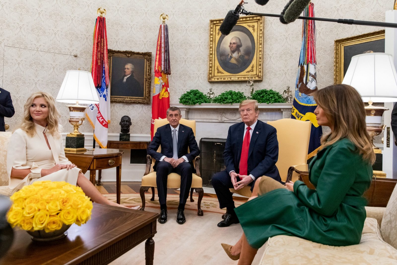 President Donald Trump and First Lady Melania Trump meet with the Prime Minister of the Czech Republic Andrej Babiš and his wife Monika Babiová in the Oval Office at the White House. Source: Getty