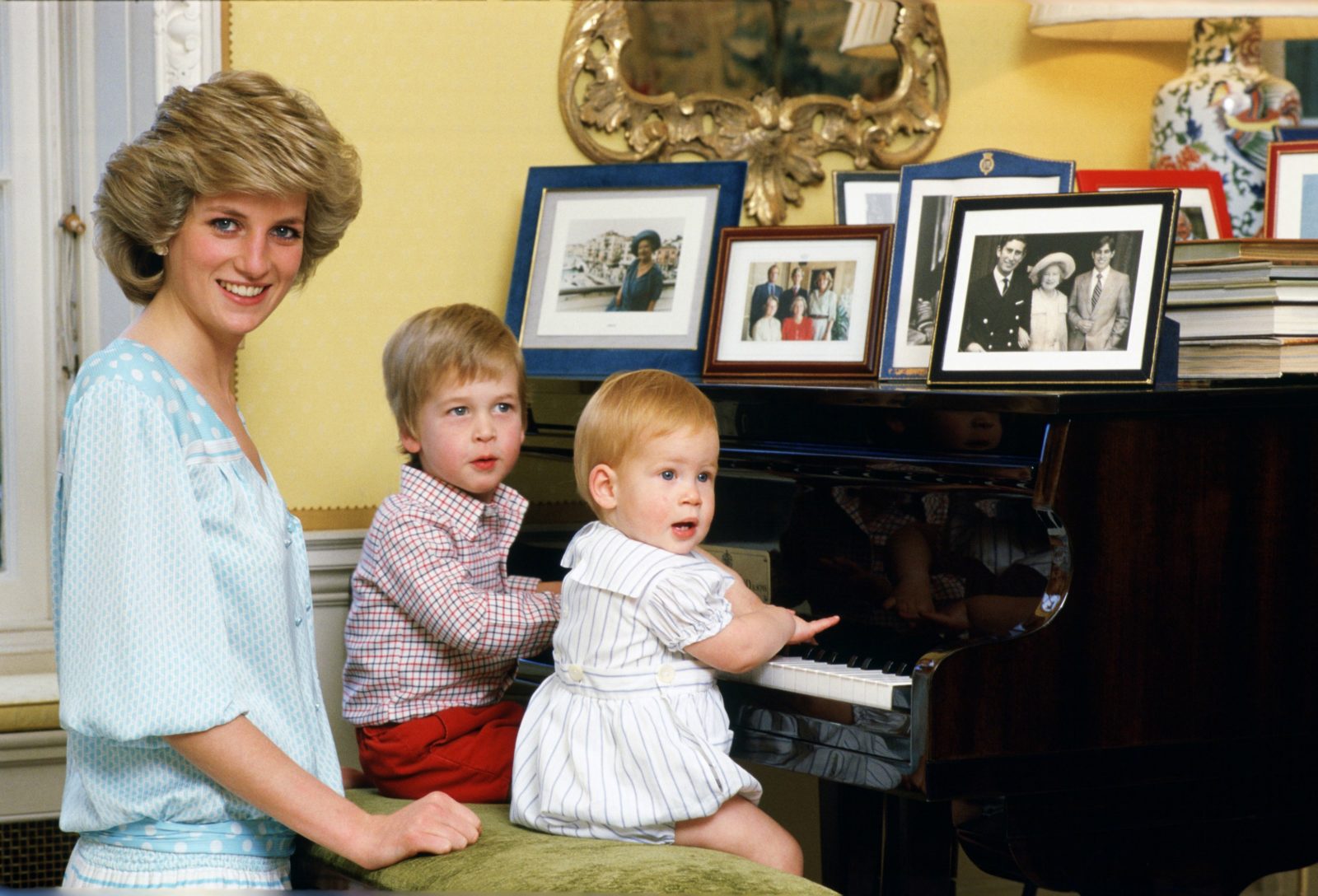 Prince Harry (right) a year after his birth with his brother William and mum Diana. Source: Getty.