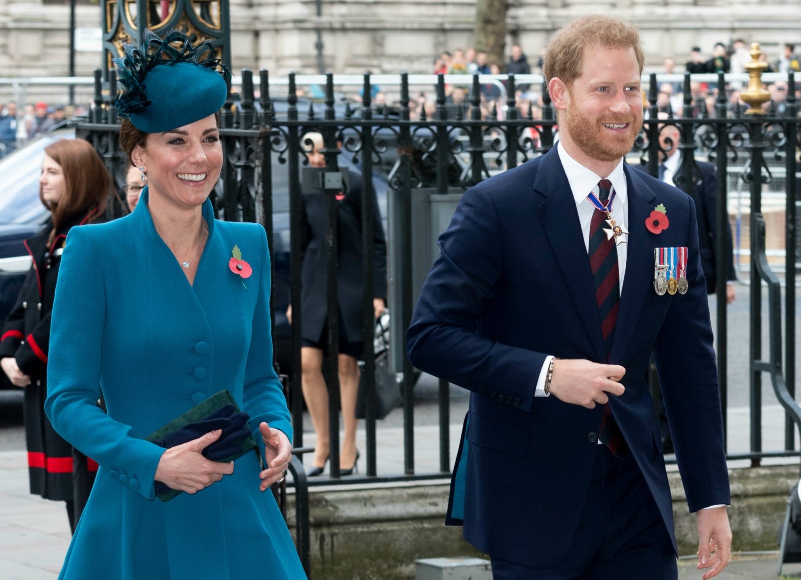 Prince Harry and Duchess Catherine were all smiles as they arrived for the special Anzac service at Westminster Abbey. 