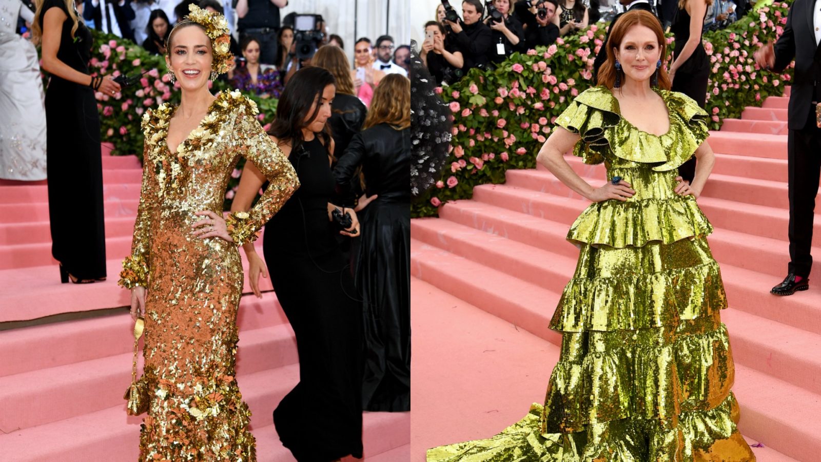 Emily Blunt and Julianne Moore went for the gold colour theme at the Met Gala. 