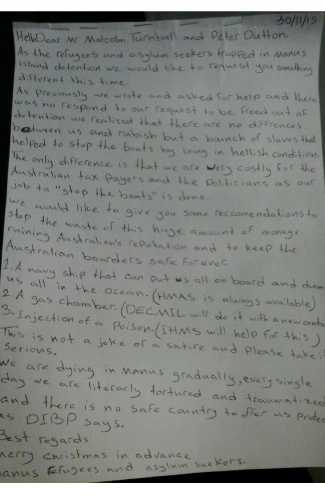 Manus refugees letter to Turnbull