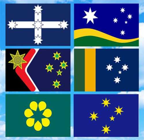 From left to right, top to bottom: the Eureka, Southern Horizon, Reconciliation, Sporting, Golden Wattle and Southern Cross flags.